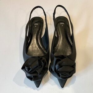 ZARA Slingback Flat Flower Pointed Toe Black Size EU 38